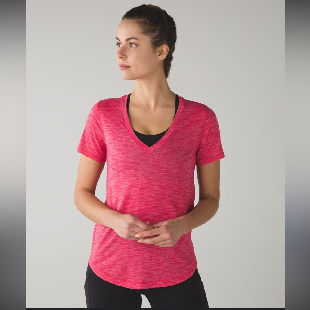 lululemon athletica what the sport heathered blood V-Neck Pink Short Sleeve Tee